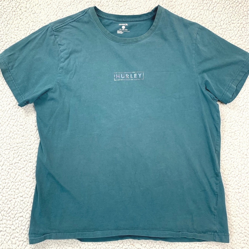 Hurley T-Shirt Mens Large Teal Blue Graphic Box Logo Short Sleeve Cotton